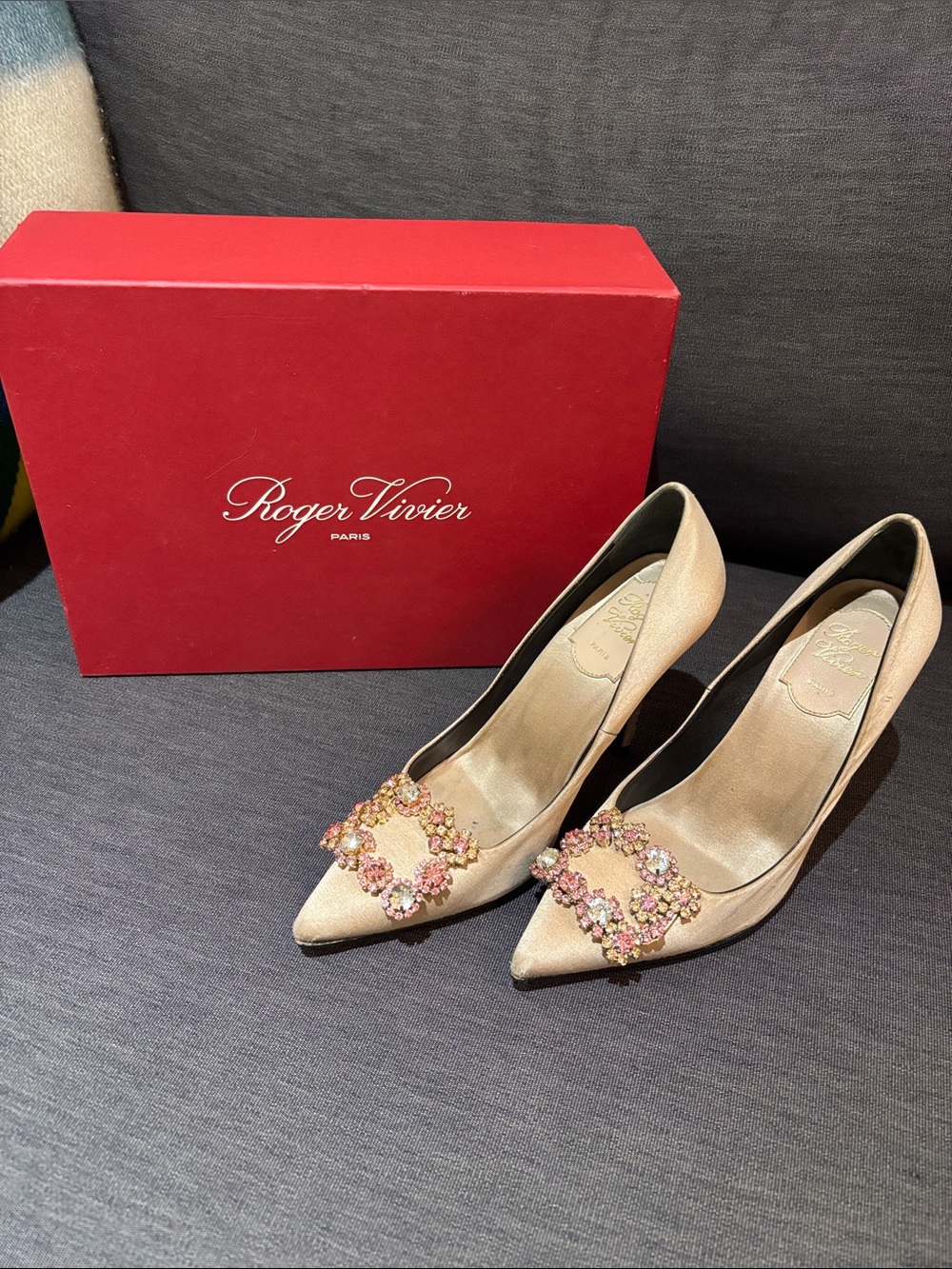 Roger Vivier Pink Champagne Satin Crystal-Buckle Pumps